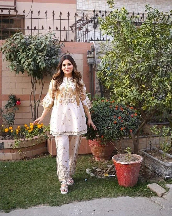 2 Pcs Women's Stitched Swiss Lawn Printed Shirt And Trouser